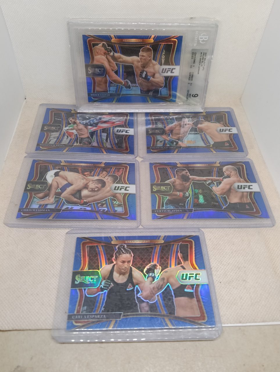 2021 Select UFC Premier Level Blue #/49 Bundle — 2021 · 2021 Select UFC · Brock Lesnar, Dominick Reyes, Joseph Benavidez, Chris Weidman, Curtis Blaydes, Carla Esparza · Blue · BGS 9